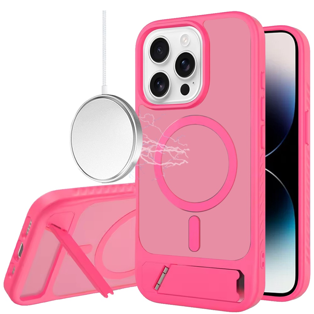for iphone 14 pro max 6.7" matte magnetic hybrid with metal kickstand case hot pink
