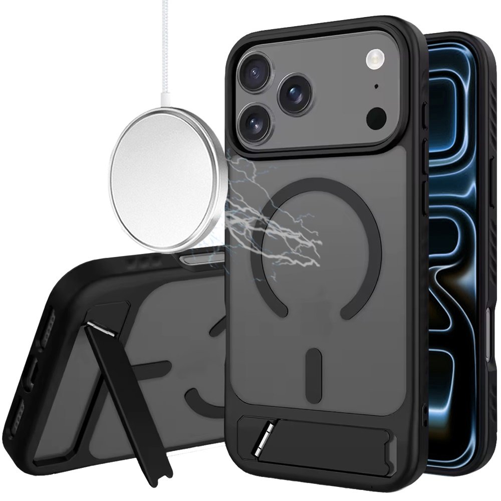 for iphone 17 pro matte magnetic hybrid with metal kickstand case black