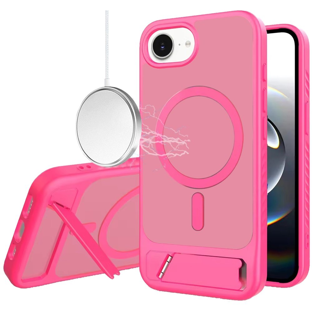 for iphone 17e / 16e / se4 matte magnetic hybrid with metal kickstand case hot pink