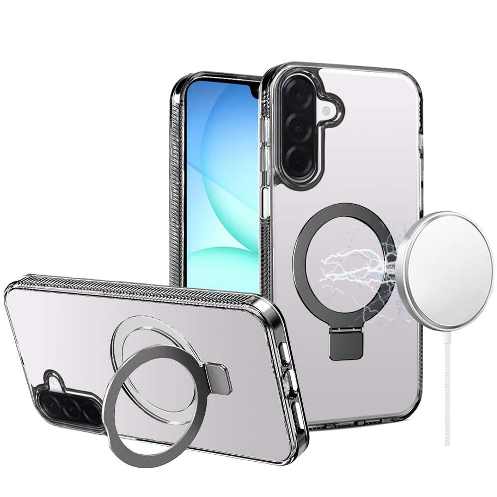 for samsung a17 5g dotted edged line transparent hq magnetic ring stand hybrid black