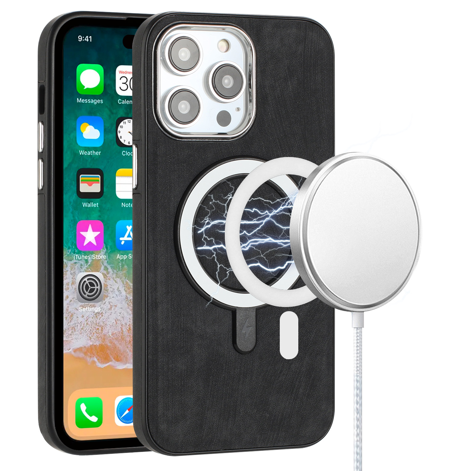 for iphone 14 pro max 6.7" fashion chrome edged camera [magnetic circle] pu leather hybrid black