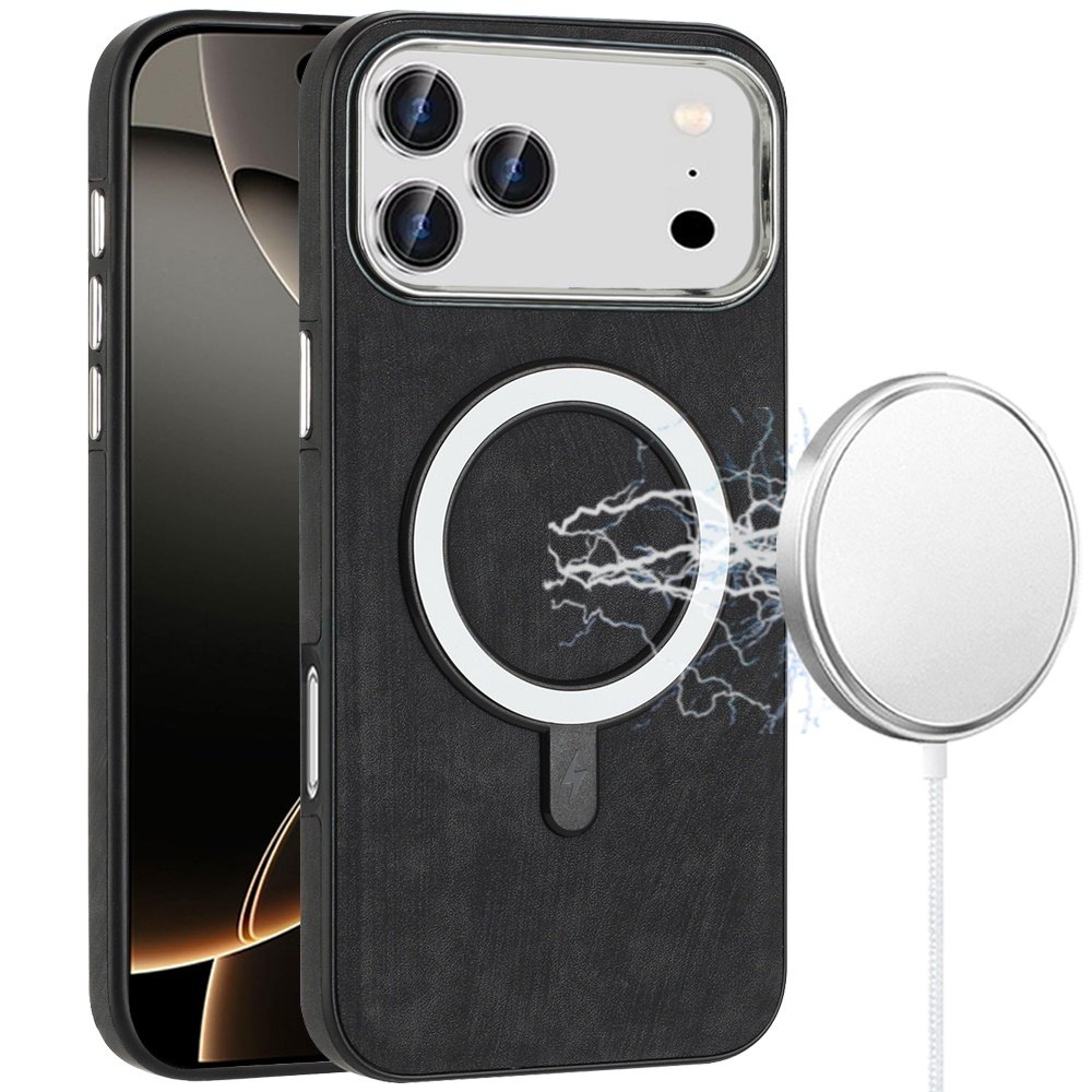 for iphone 17 pro max fashion chrome edged camera [magnetic circle] pu leather hybrid black