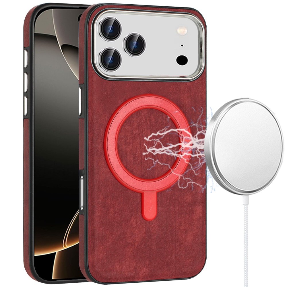 for iphone 17 pro max fashion chrome edged camera [magnetic circle] pu leather hybrid red