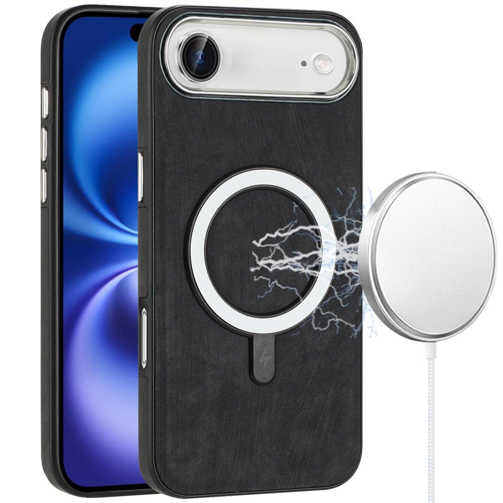 for iphone 17 air fashion chrome edged camera [magnetic circle] pu leather hybrid black