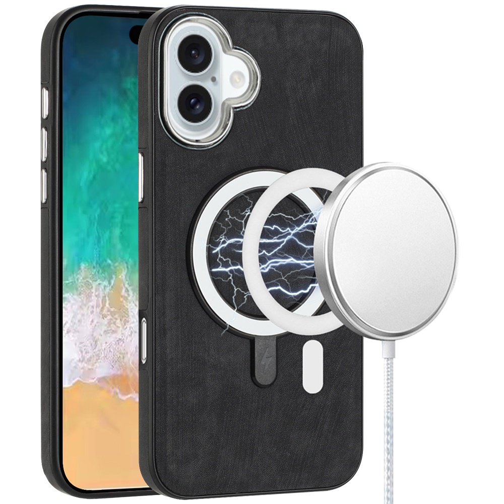 for iphone 16 plus 6.7 inch fashion pu vegan chrome edged case cover black