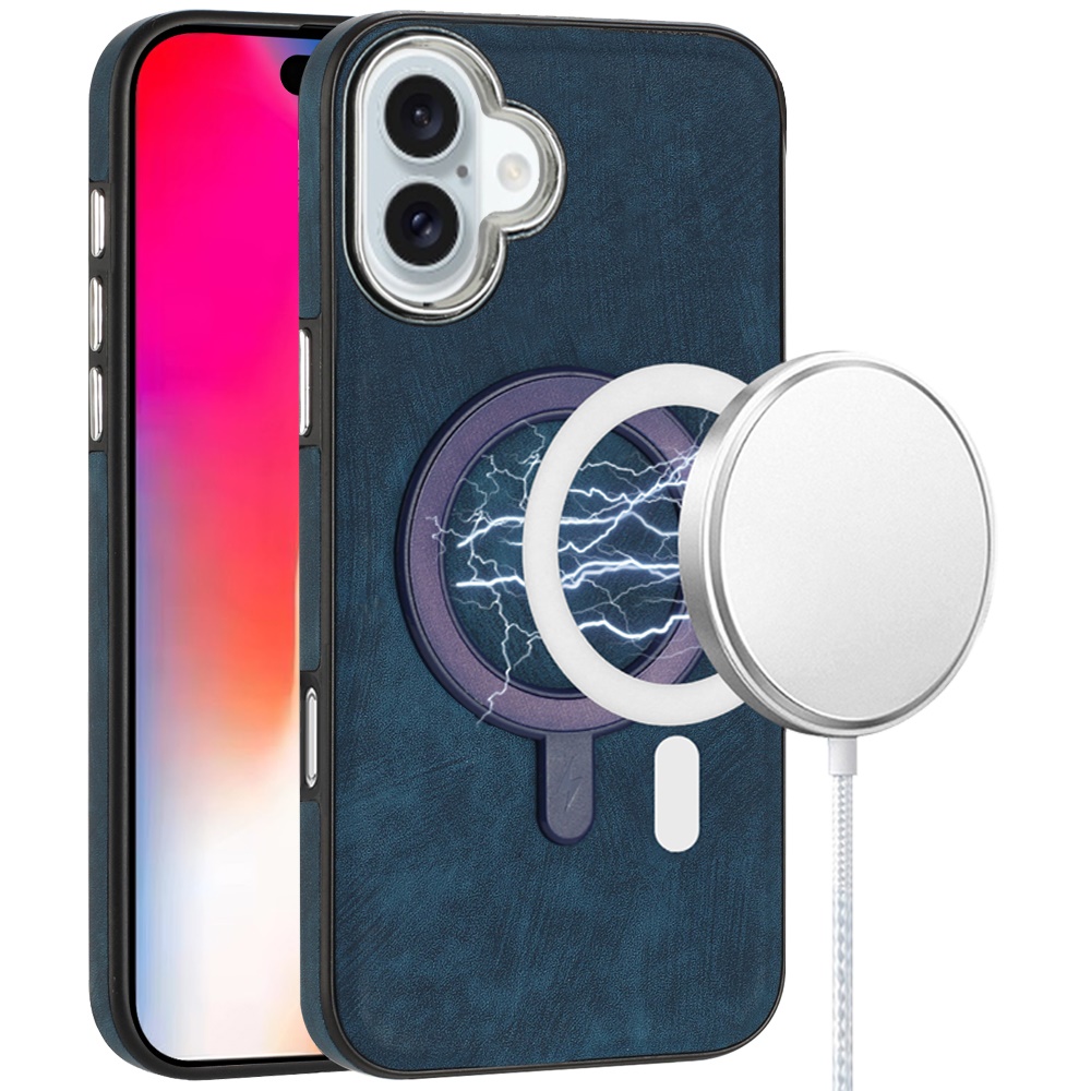 for iphone 16 6.1 inch fashion pu vegan chrome edged case cover dark blue