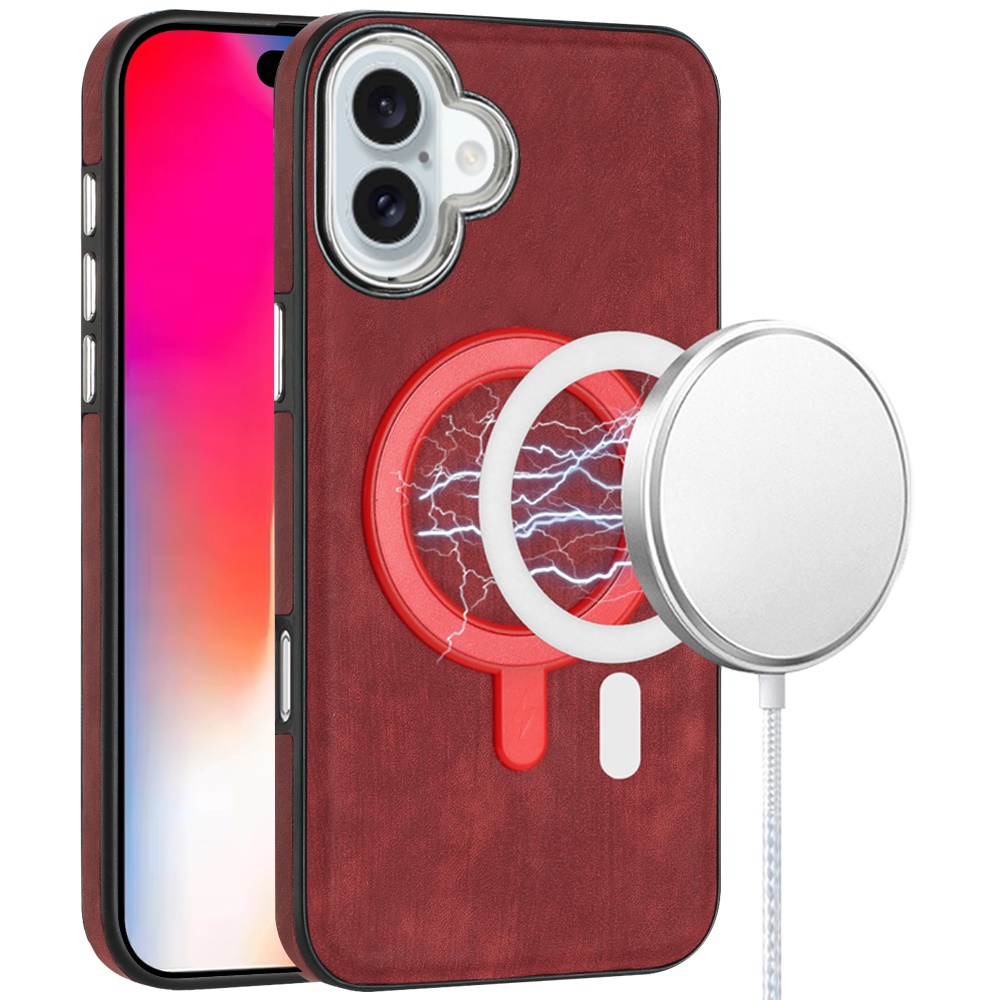 for iphone 16 6.1 inch fashion pu vegan chrome edged case cover red