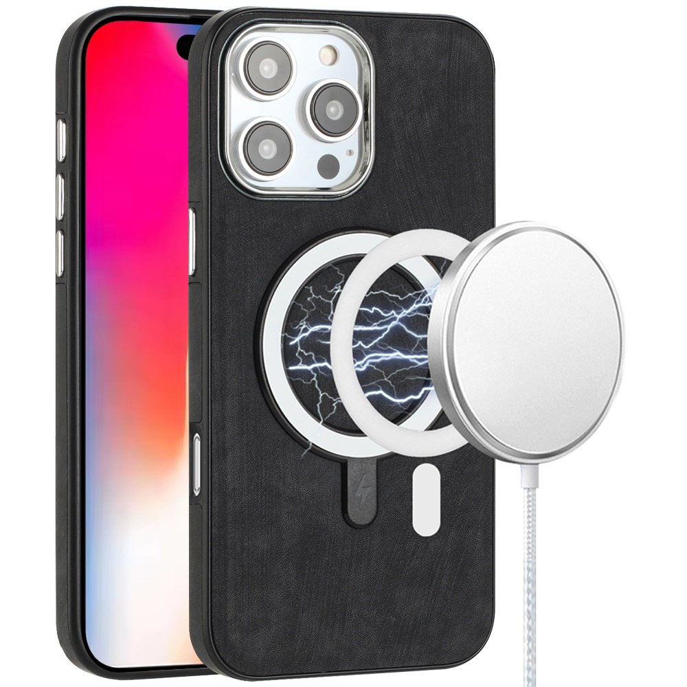 for iphone 16 pro 6.3 inch fashion pu vegan chrome edged case cover black