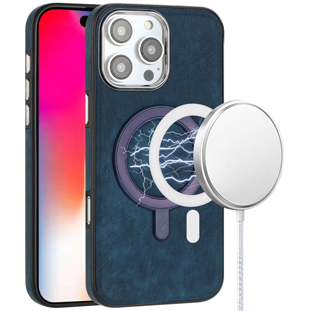 for iphone 16 pro 6.3 inch fashion pu vegan chrome edged case cover dark blue