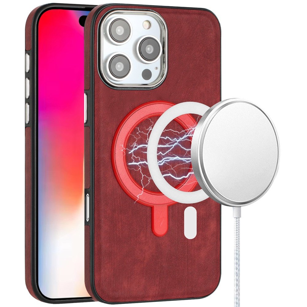for iphone 16 pro 6.3 inch fashion pu vegan chrome edged case cover red