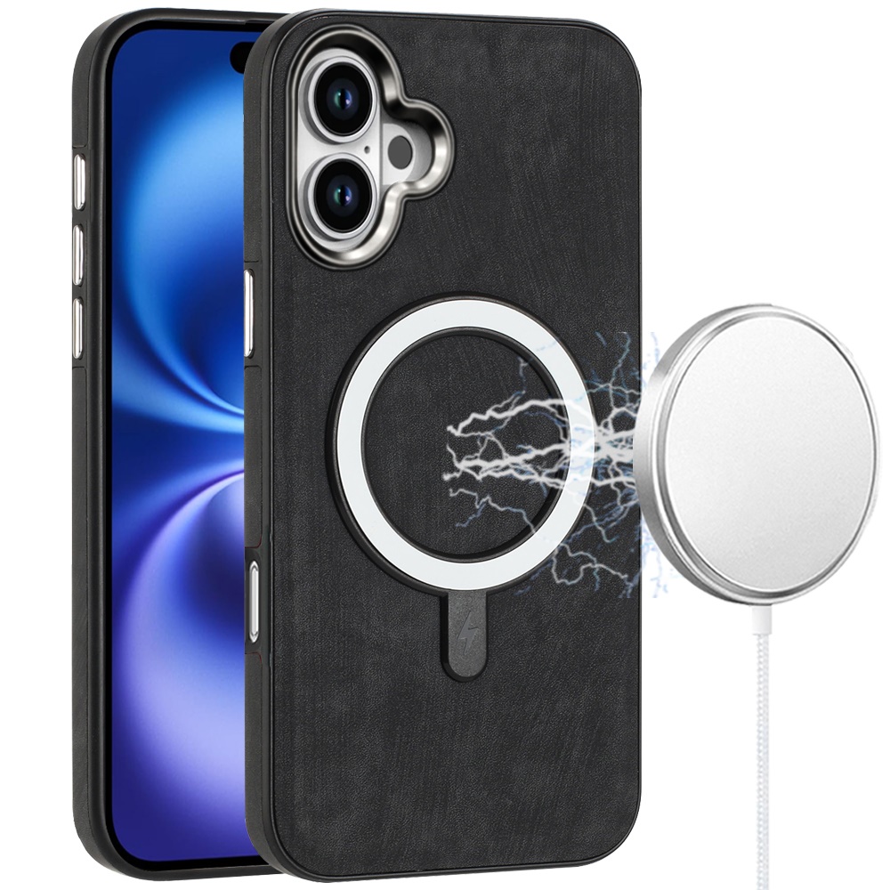 for iphone 17 fashion chrome edged camera [magnetic circle] pu leather hybrid black