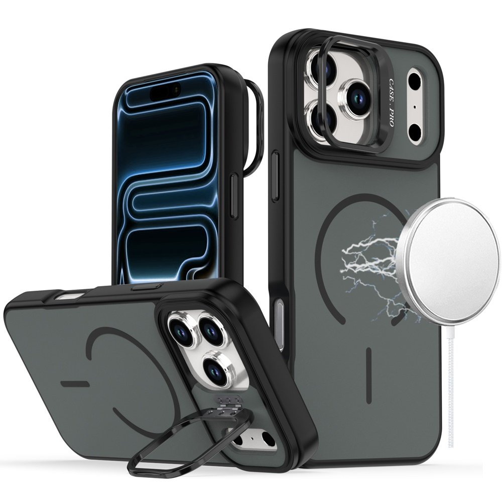 for iphone 17 pro premium matte magnetic metal camera stand hybrid case black
