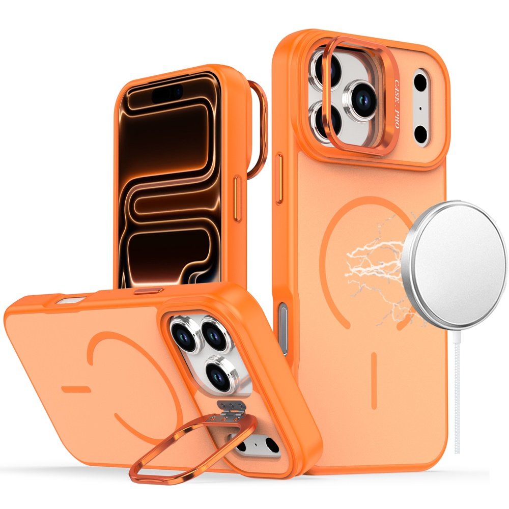 for iphone 17 pro premium matte magnetic metal camera stand hybrid case cosmic orange