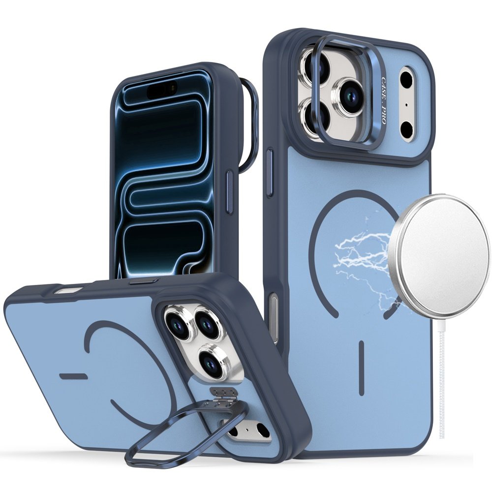 for iphone 17 pro premium matte magnetic metal camera stand hybrid case navy blue