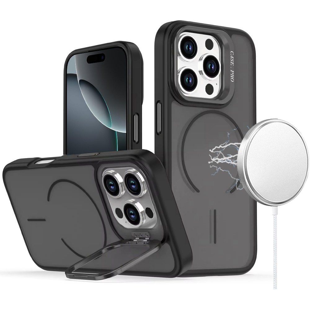 for iphone 16 pro max 6.9 premium matte magnetic metal camera stand hybrid case black
