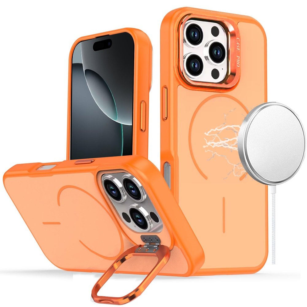 for iphone 16 pro max 6.9 inch premium matte magnetic metal camera stand hybrid case cosmic orange