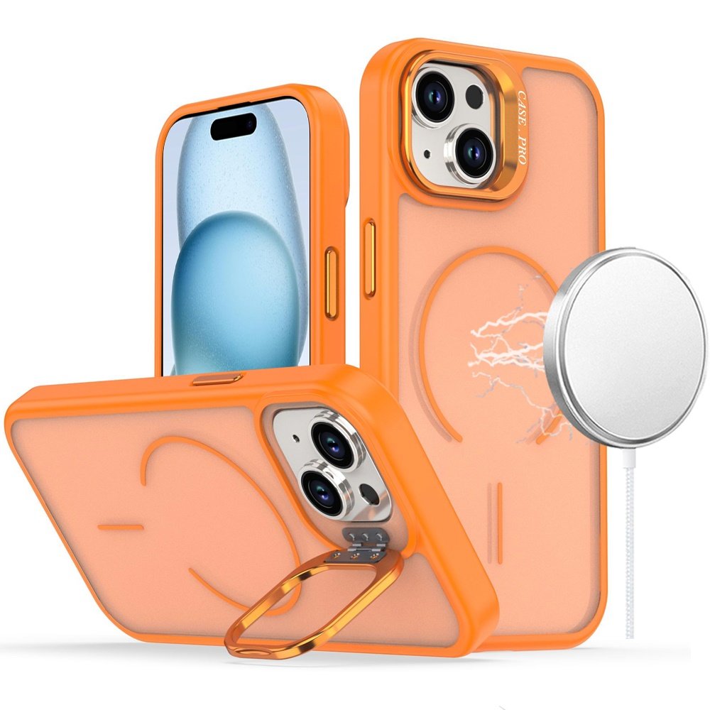 for iphone 15 plus/iphone 14 plus premium matte magnetic metal camera stand hybrid case cosmic orange
