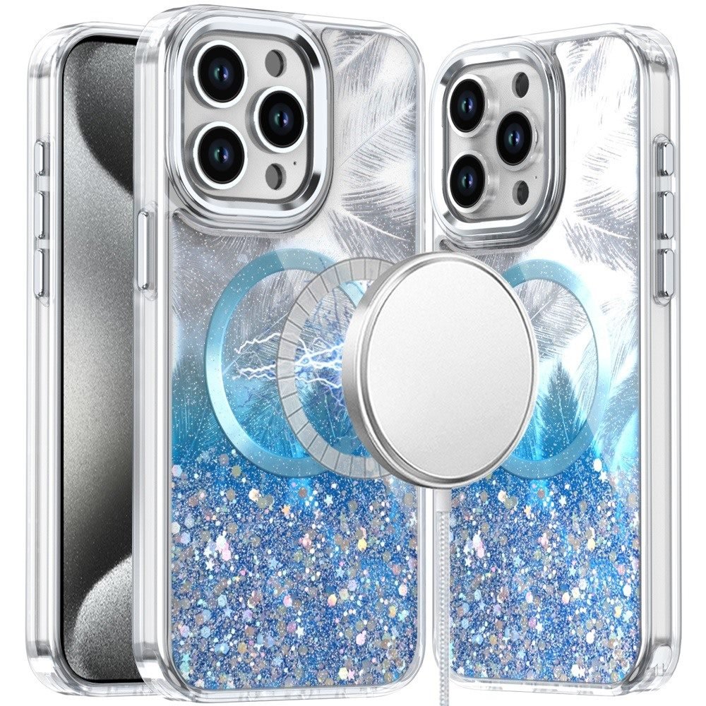 for ip15 pro max epoxy glitter shimmer [magnetic circle] hybrid case dark blue