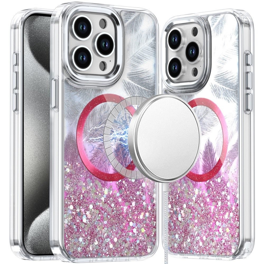 for ip15 pro max epoxy glitter shimmer [magnetic circle] hybrid case hot pink