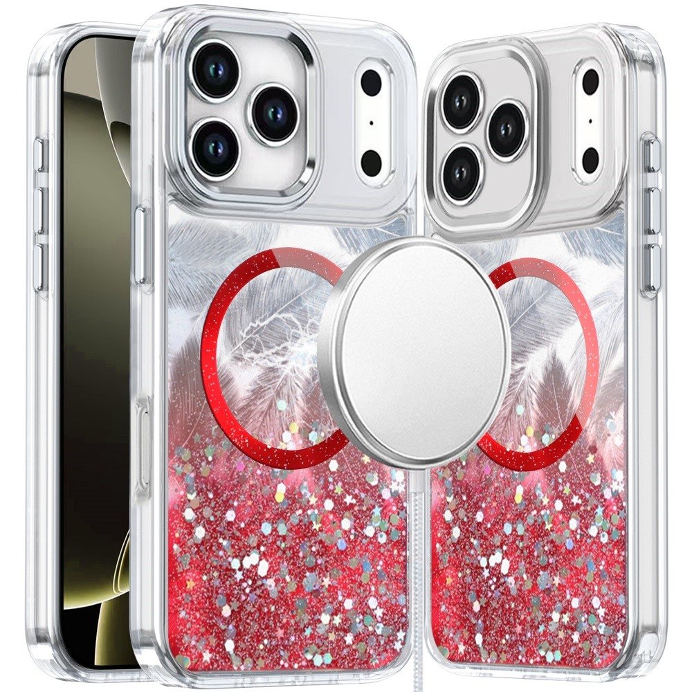 for iphone 17 pro max epoxy glitter shimmer [magnetic circle] hybrid case red