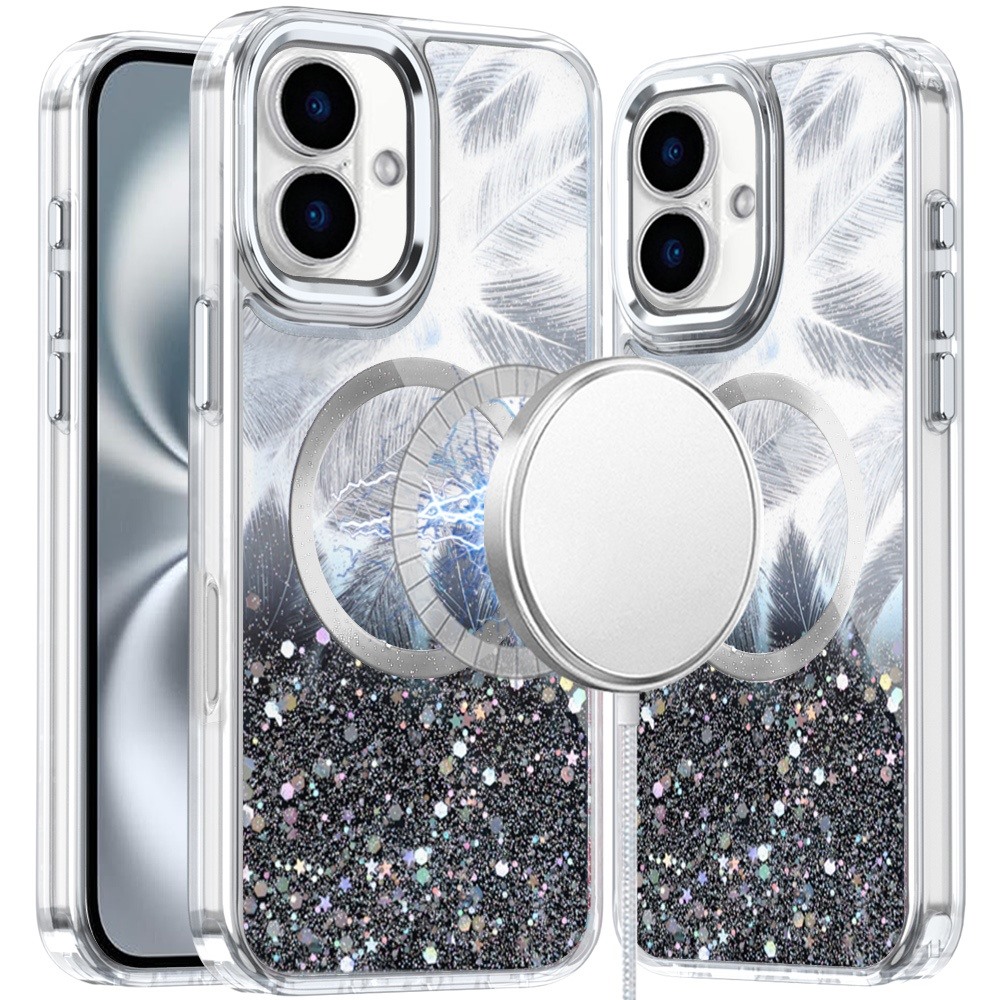for iphone 16 6.1 inch epoxy glitter shimmer [magnetic circle] hybrid case black