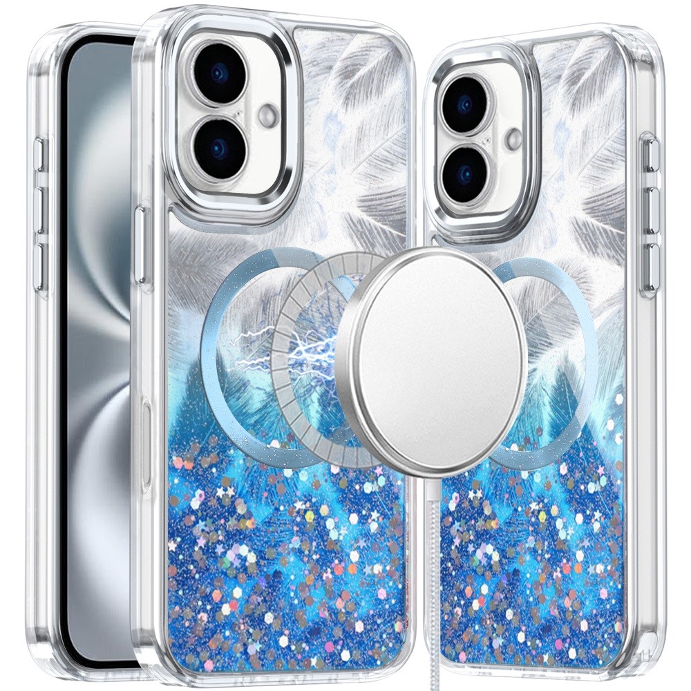 for iphone 16 6.1 inch epoxy glitter shimmer [magnetic circle] hybrid case dark blue