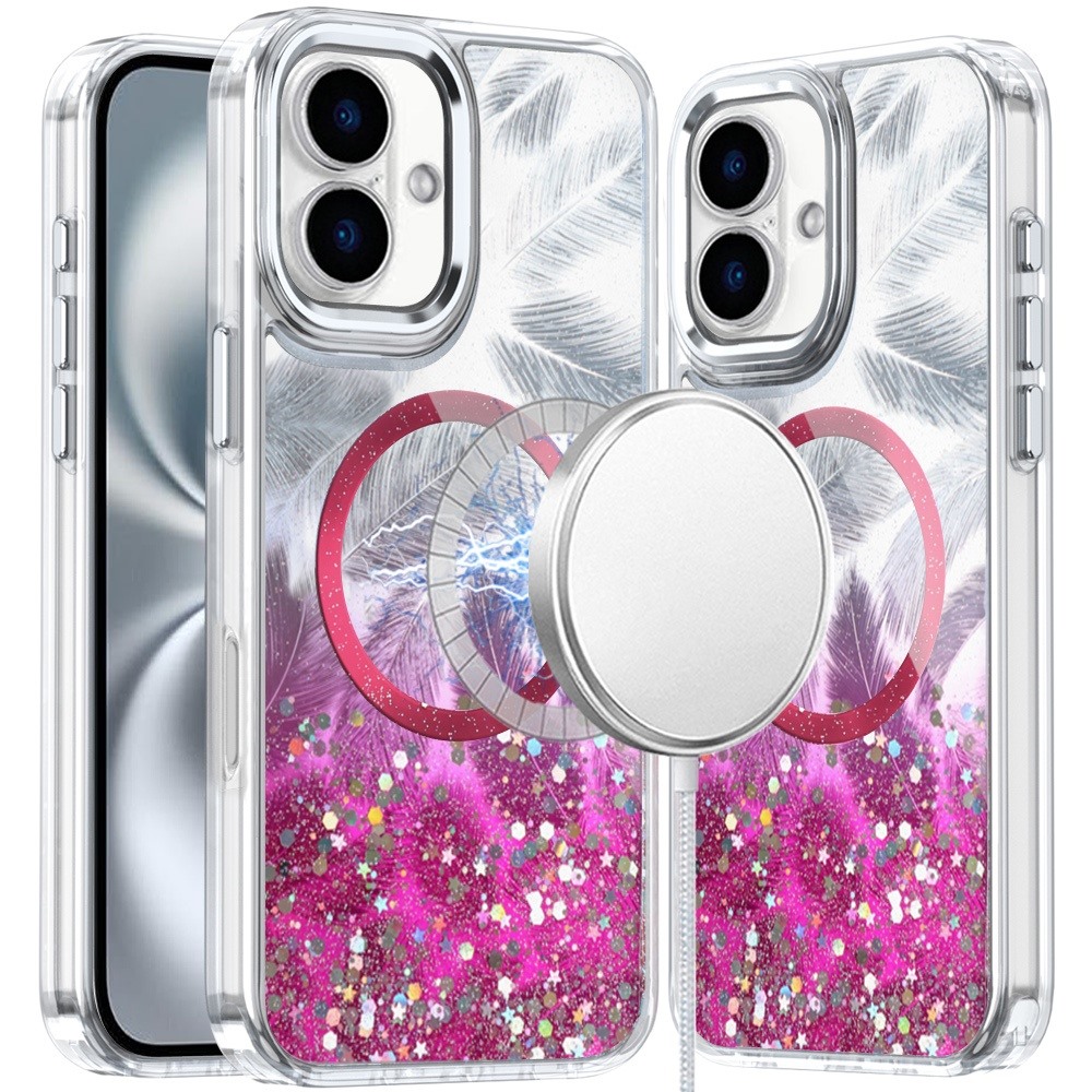 for iphone 16 6.1 inch epoxy glitter shimmer [magnetic circle] hybrid case hot pink
