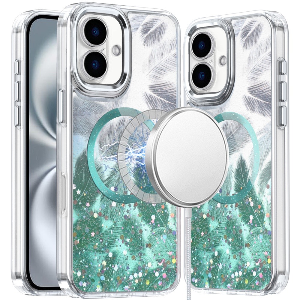 for iphone 16 6.1 inch epoxy glitter shimmer [magnetic circle] hybrid case light green