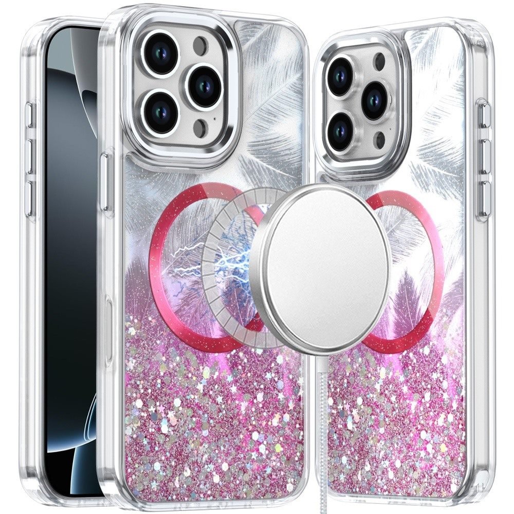 for iphone 16 pro 6.3 inch epoxy glitter shimmer [magnetic circle] hybrid case hot pink