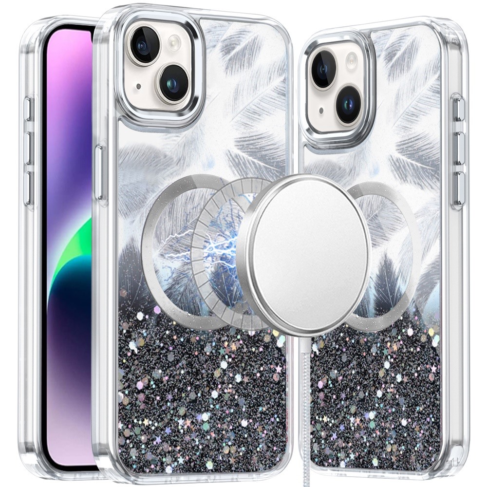 for iphone 13 6.1 epoxy glitter shimmer [magnetic circle] hybrid case black