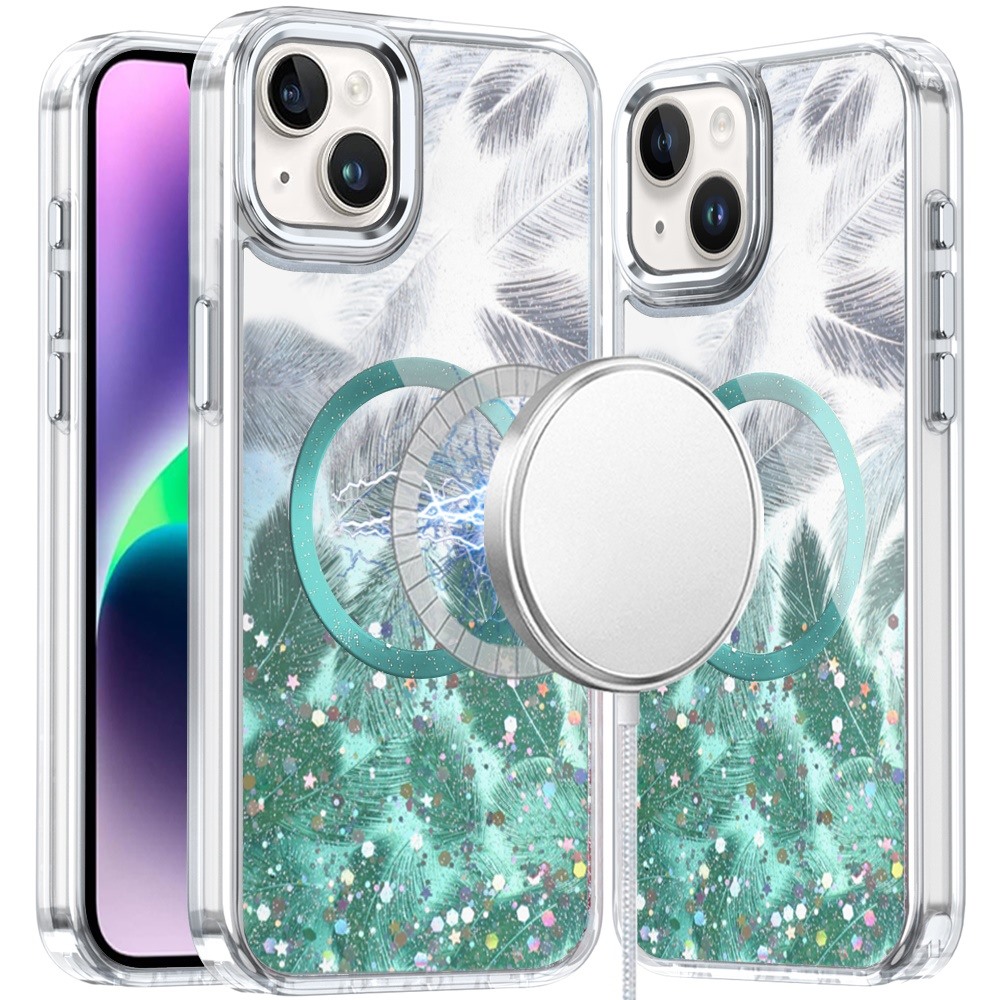 for iphone 13 6.1 epoxy glitter shimmer [magnetic circle] hybrid case light green