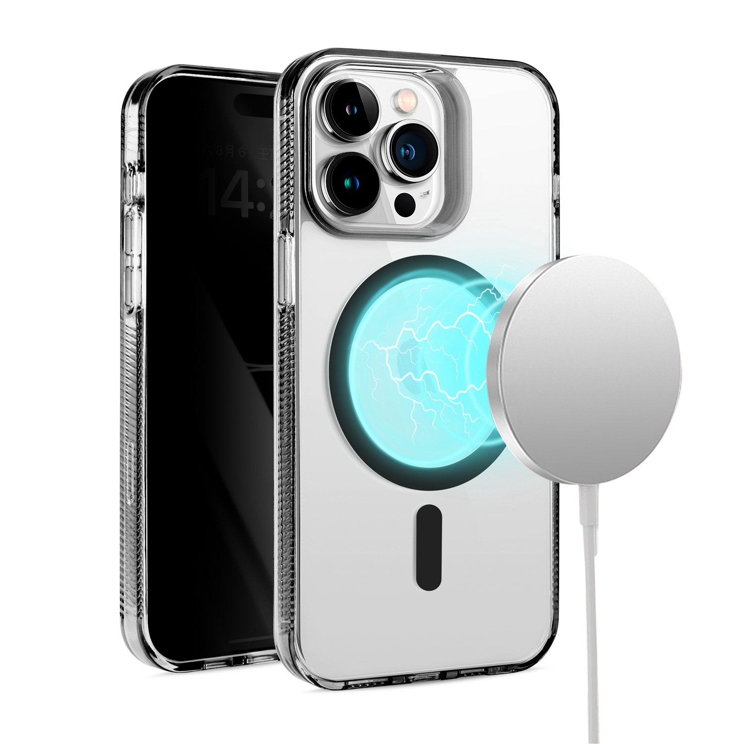 for iphone 14 pro max 6.7" pure transparent [magnetic circle] high quality ultra thick hybrid black