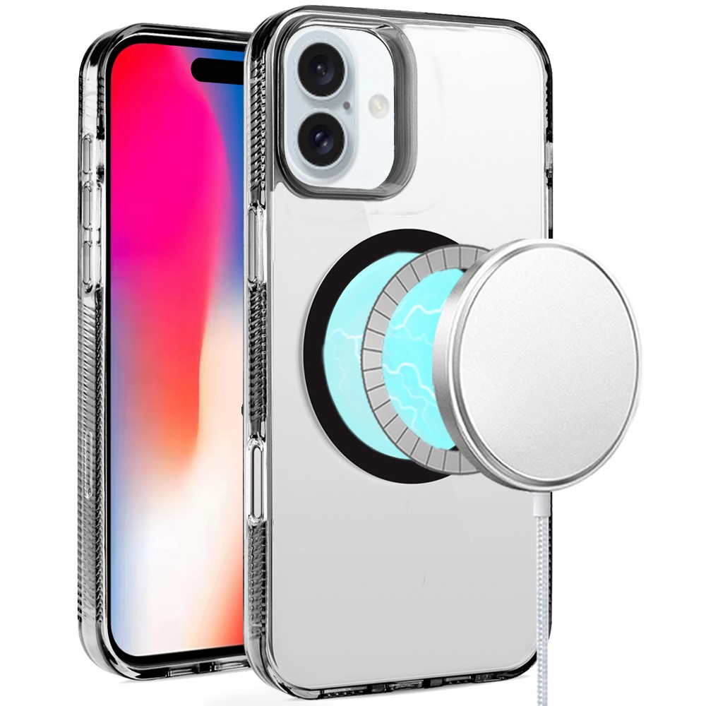 for iphone 16 6.1 inch pure transparent [magnetic circle] high quality ultra thick hybrid black