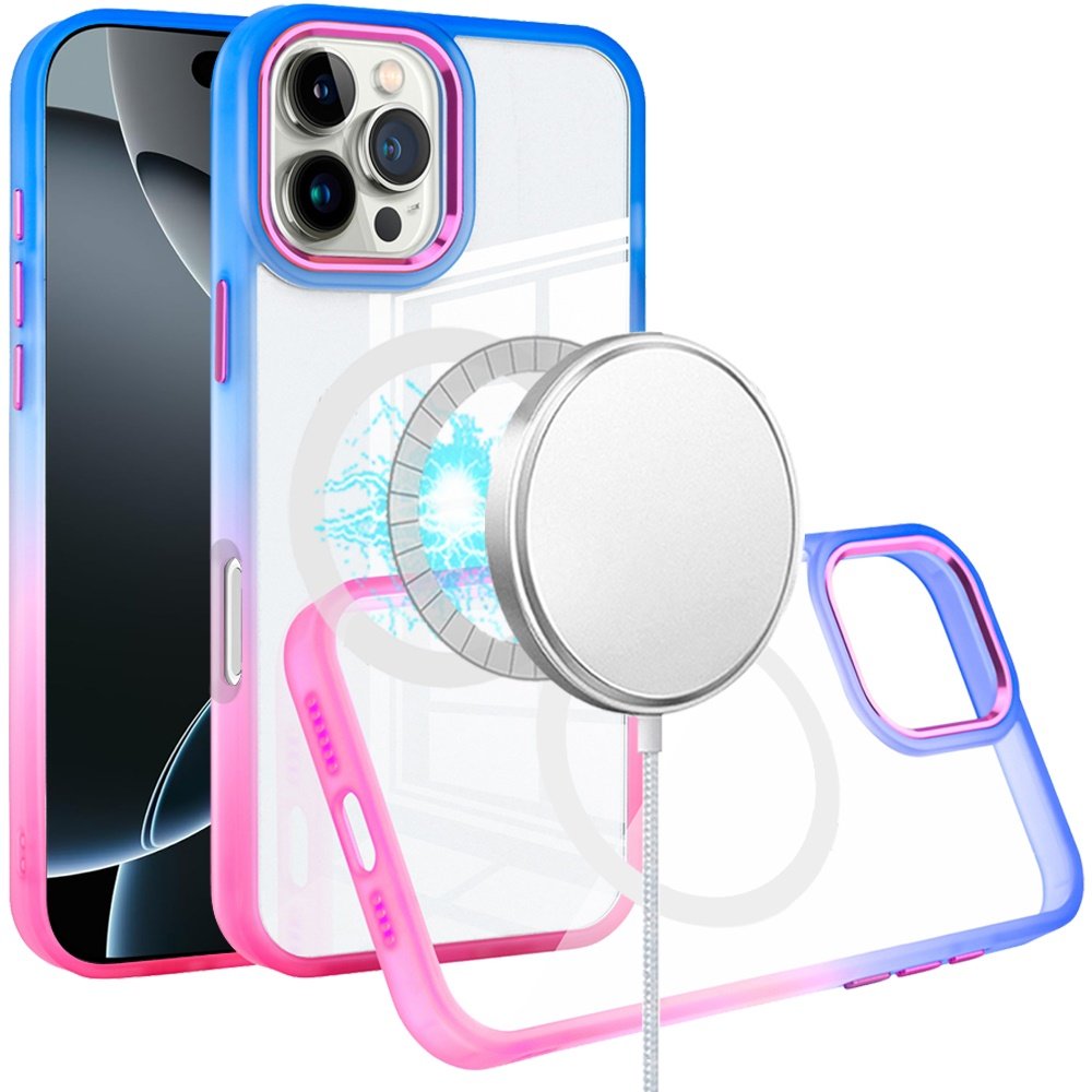 for iphone 16 pro max 6.9 inch radiant two tone [magnetic circle] shockproof transparent thick hybrid blue/hot pink