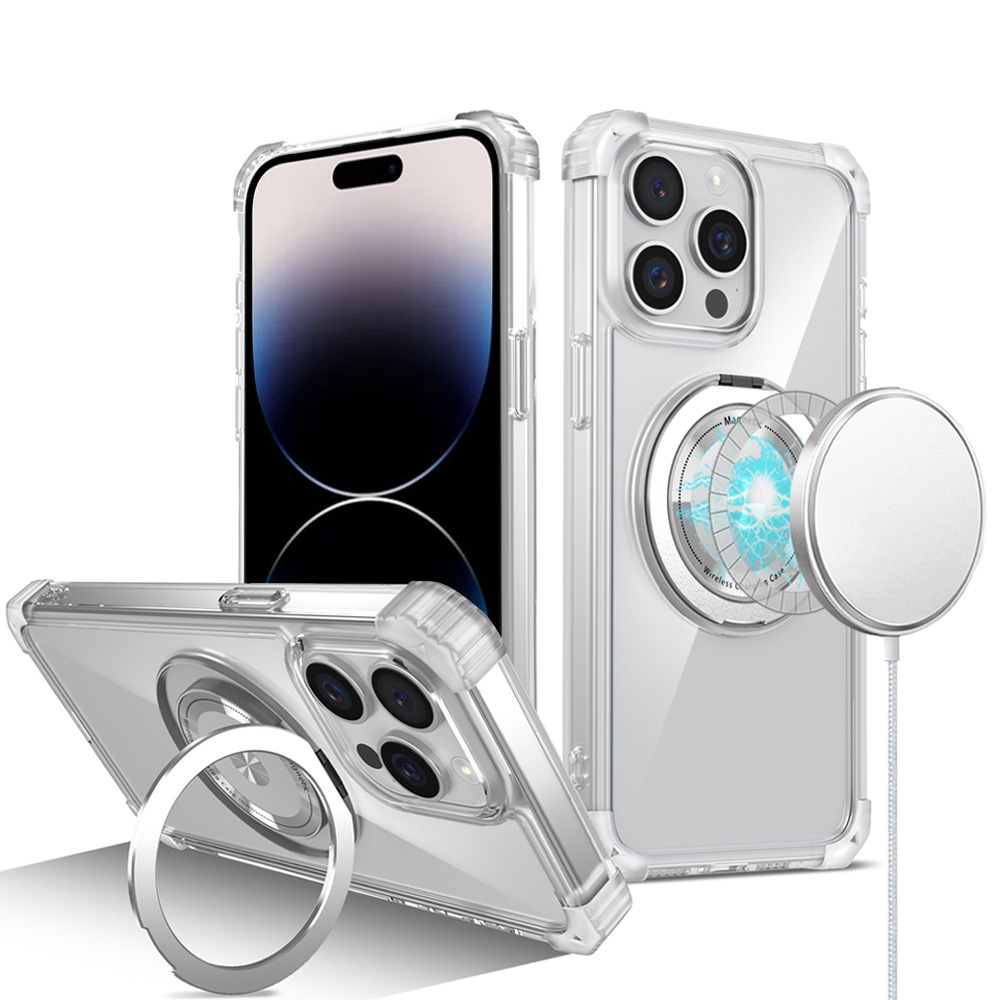 for iphone 14 pro max 6.7" shield magnetic ring transparent hq 360 degree rotational shockproof case cover clear