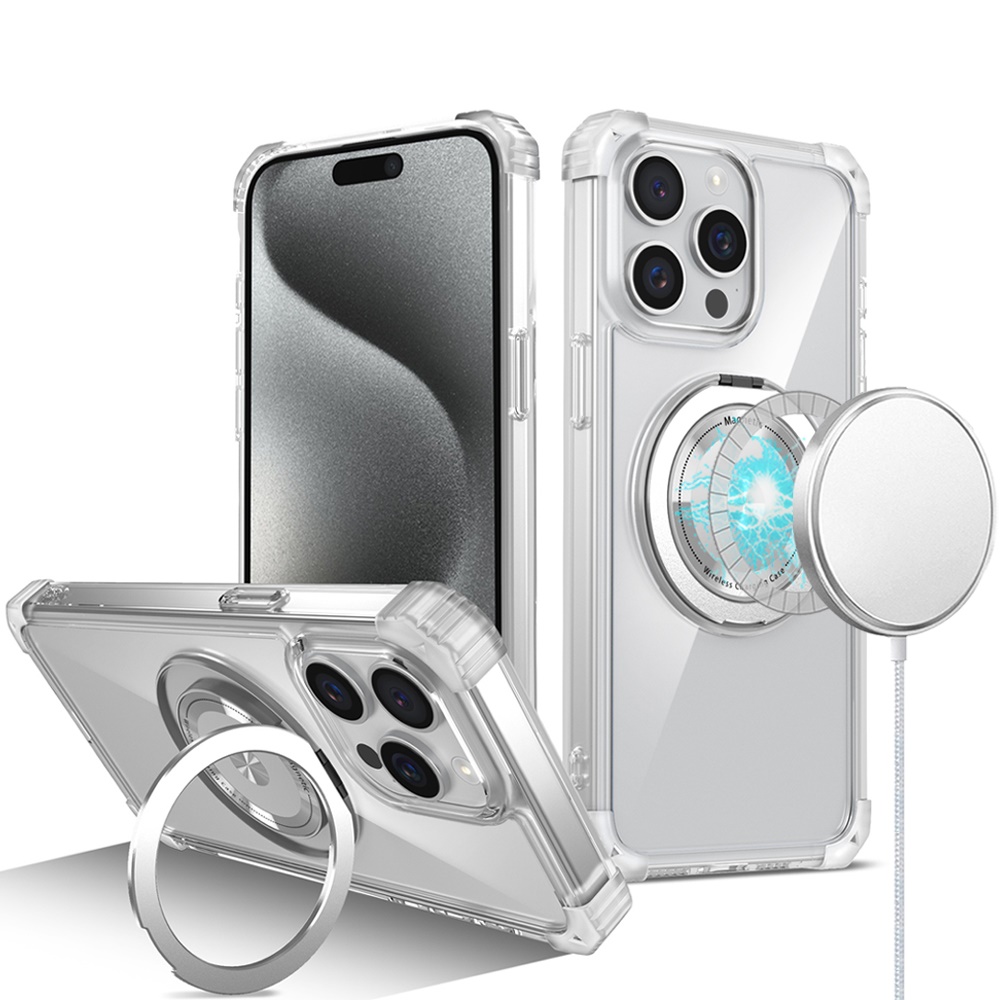 for ip15 pro max shield magnetic ring transparent hq 360 degree rotational shockproof case cover clear