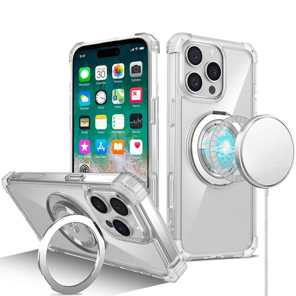 for iphone 16 pro max 6.9 inch shield magnetic ring transparent hq 360 degree rotational shockproof case cover clear