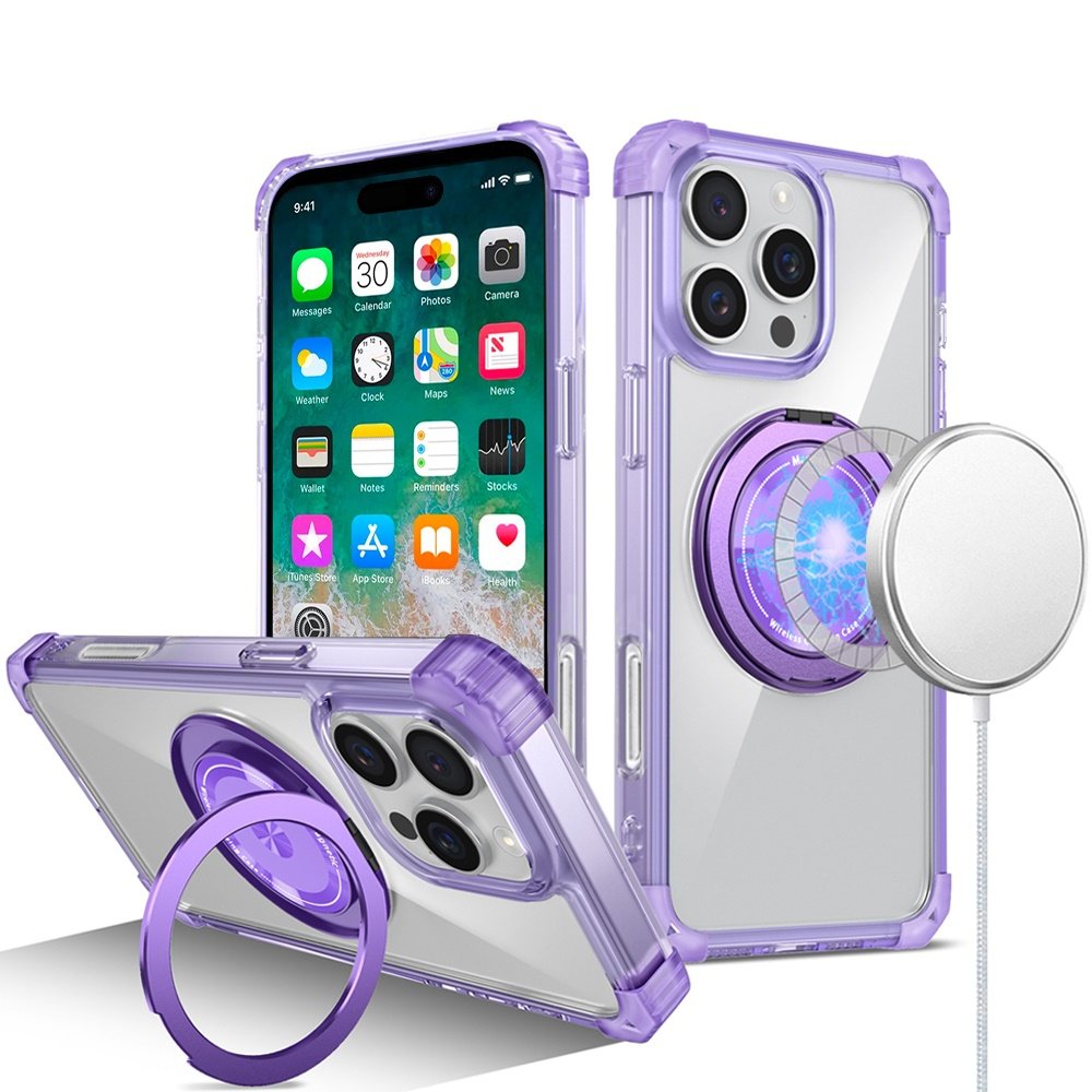for iphone 16 pro max 6.9 inch shield magnetic ring transparent hq 360 degree rotational shockproof case cover purple