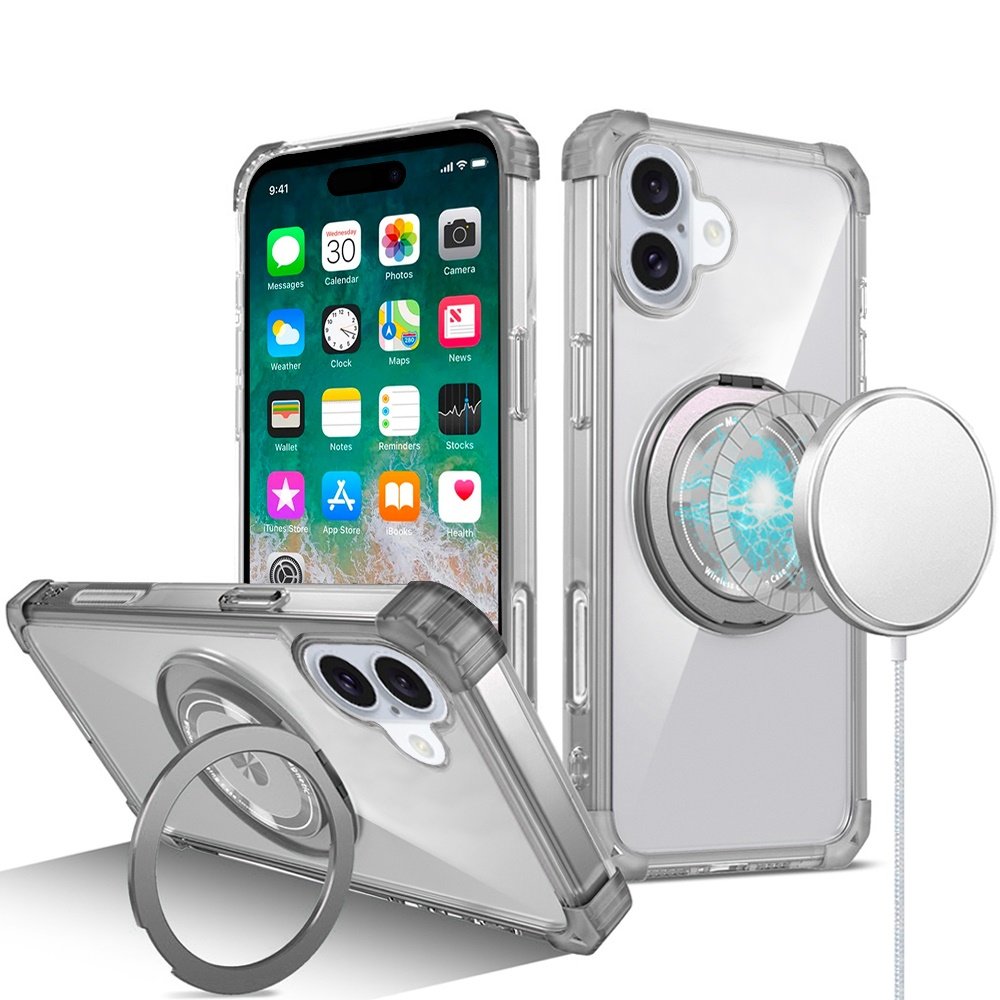 for iphone 16 plus 6.7 inch shield magnetic ring transparent hq 360 degree rotational shockproof case cover smoke