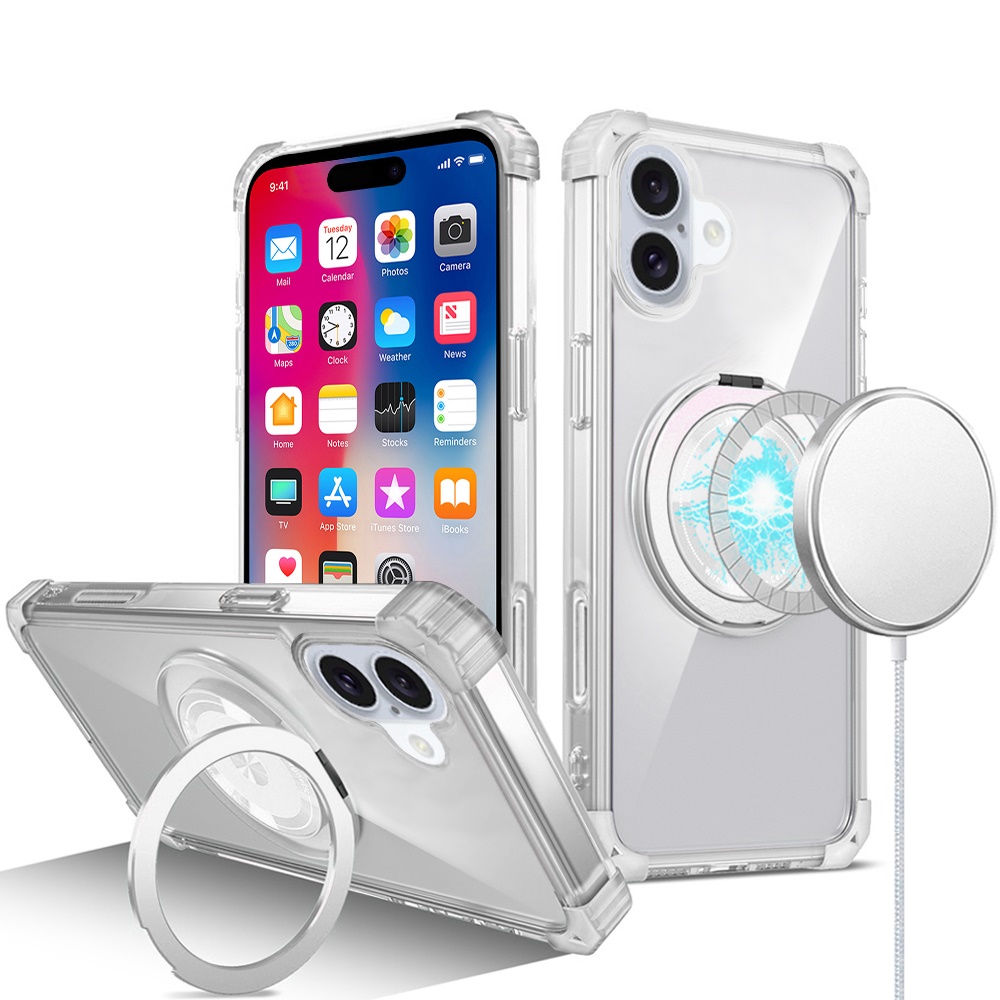 for iphone 16 6.1 inch shield magnetic ring transparent hq 360 degree rotational shockproof case cover clear