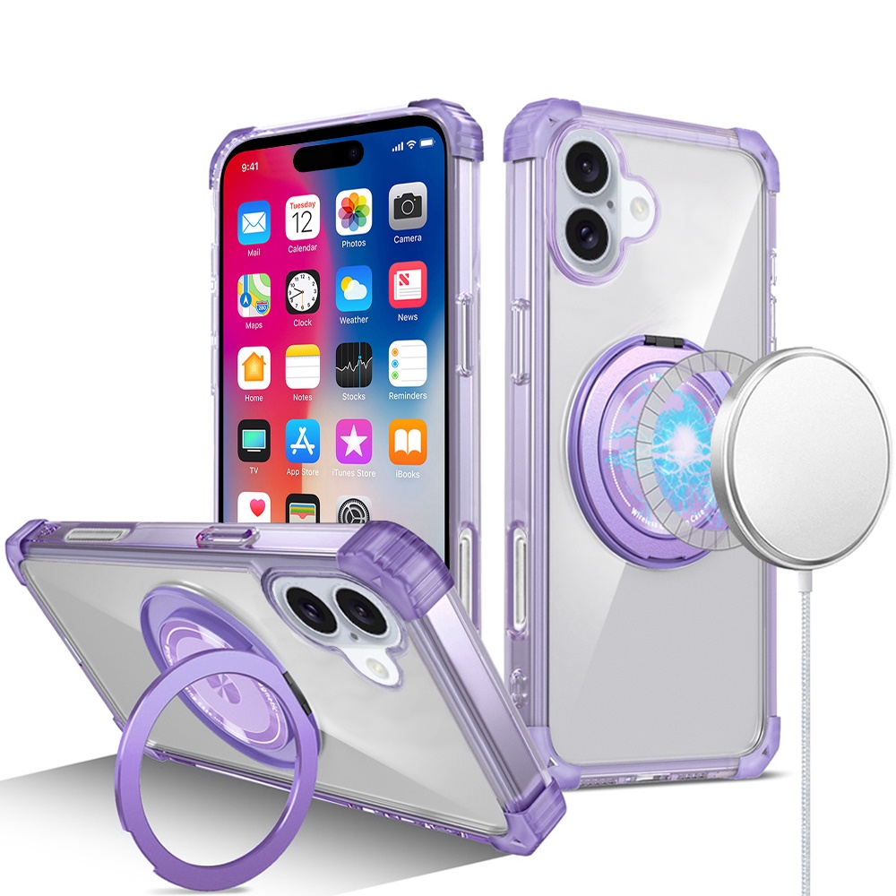 for iphone 16 6.1 inch shield magnetic ring transparent hq 360 degree rotational shockproof case cover purple