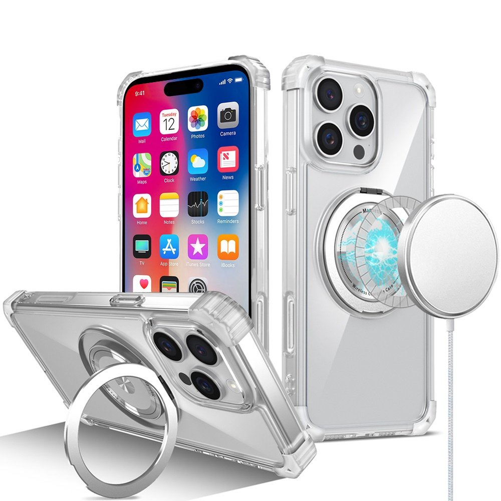 for iphone 16 pro 6.3 inch shield magnetic ring transparent hq 360 degree rotational shockproof case cover clear