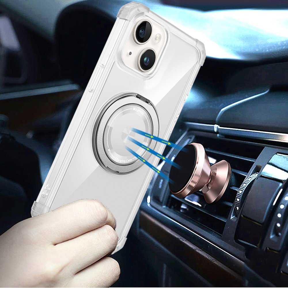 for iphone 13/14 shield magnetic ring transparent hq 360 degree rotational shockproof case cover clear