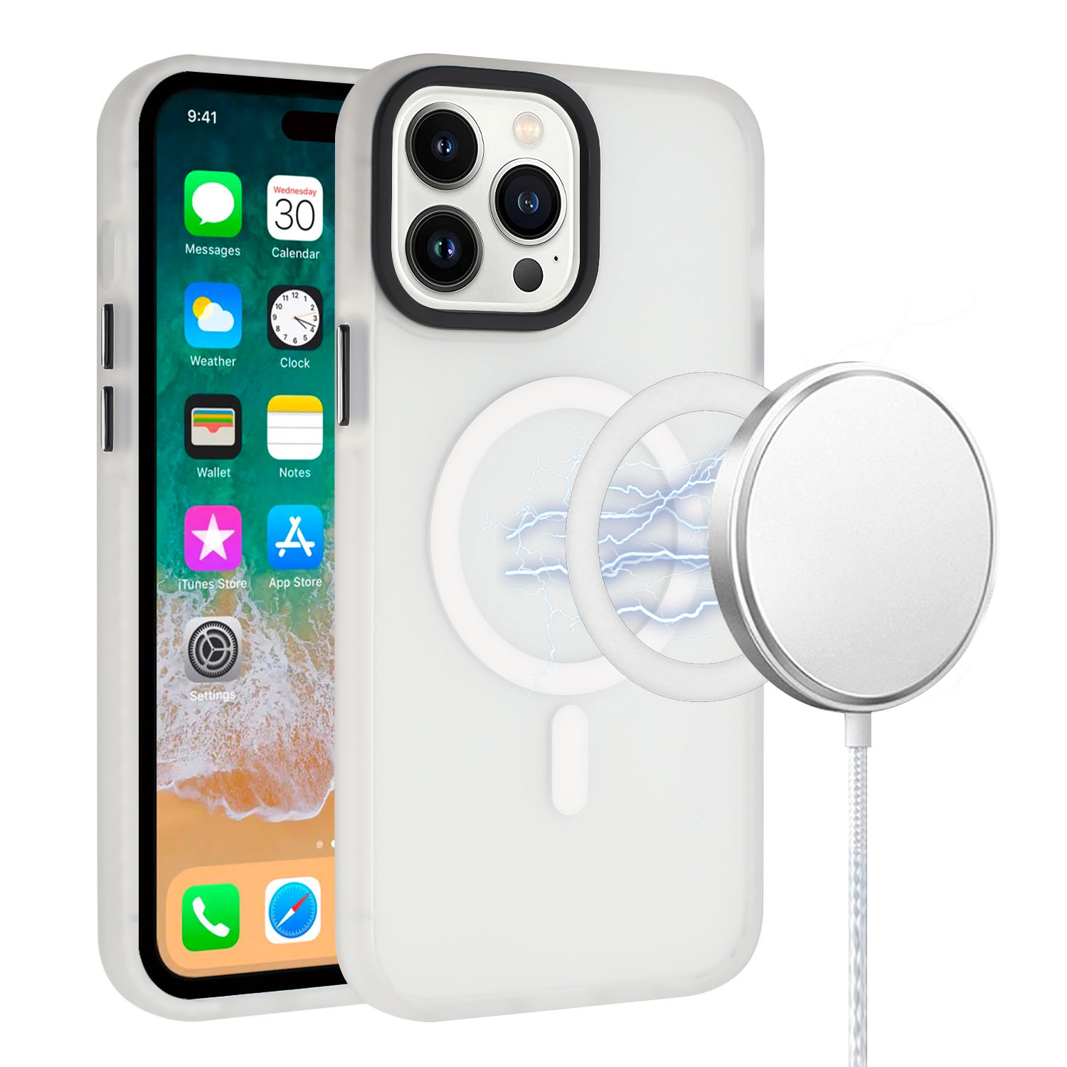 for apple iphone 14 pro max 6.7" [magnetic circle] shockproof 4 time injection strong hybrid white