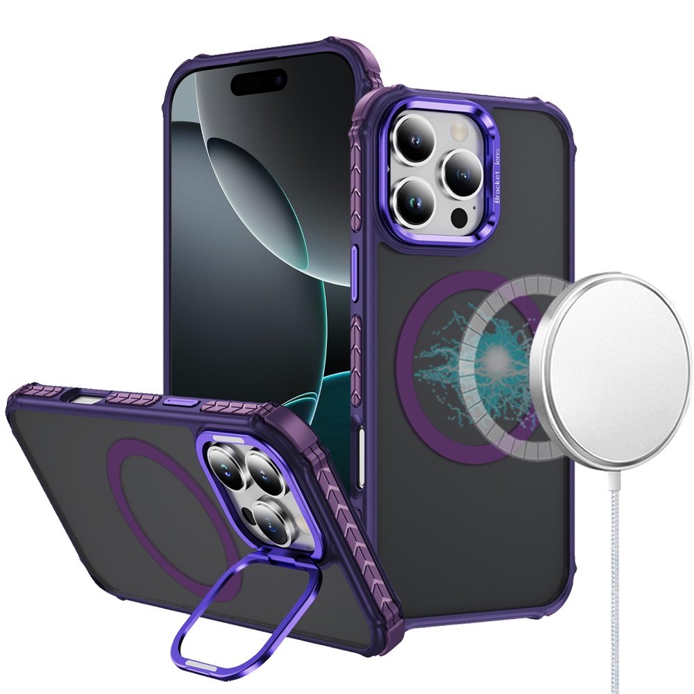 for iphone 16 pro max 6.9 inch shatterproof hq metal camera ring [magnetic circle] with colorful edged bar case dark purple