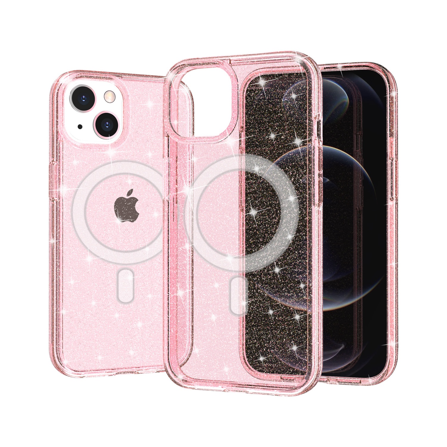 for iphone 14 pro max 6.7" glitter ultra [magnetic circle] thick 3mm transparent hybrid pink