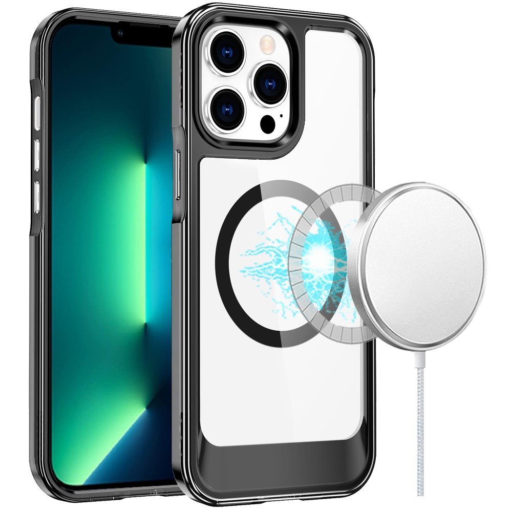 for iphone 13 pro max thick transparent hq [magnetic circle] case black