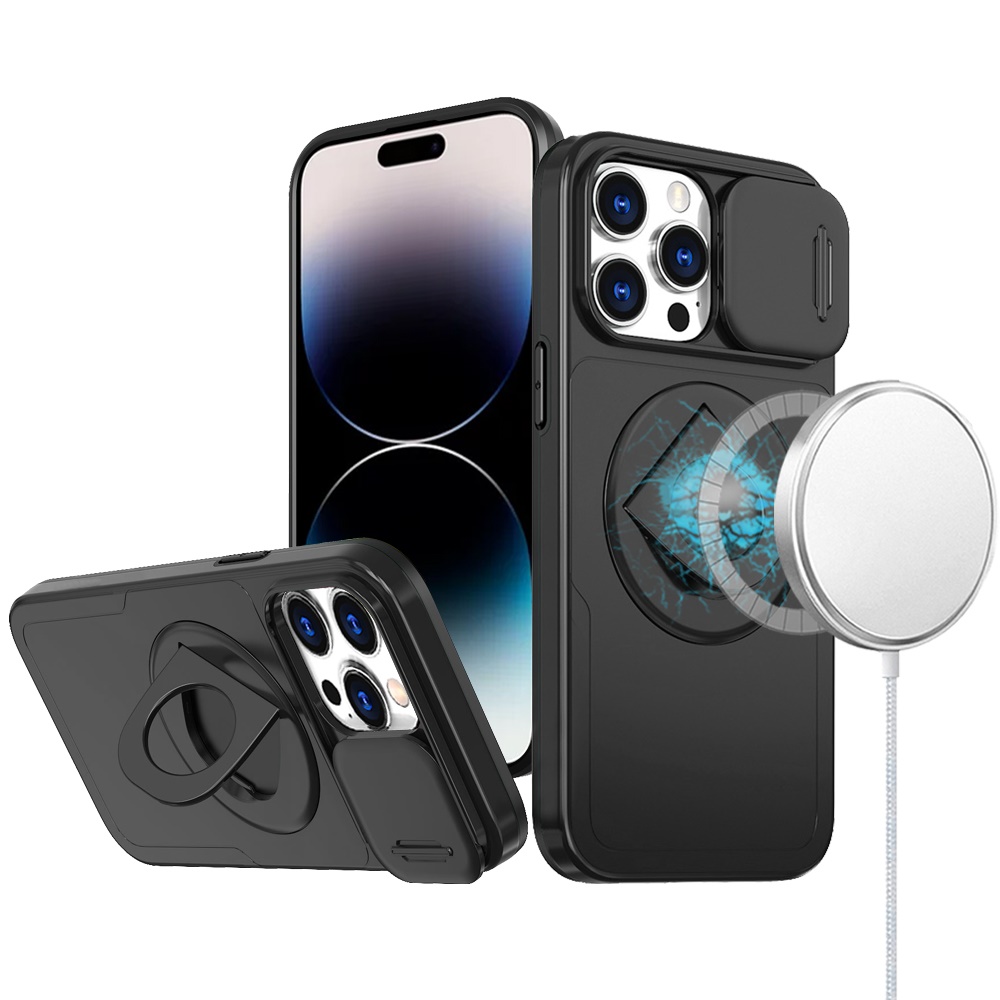 for iphone 14 pro max 6.7" trendy full coverage with camera window [magnetic circle] with rotational ring stand hybrid case black