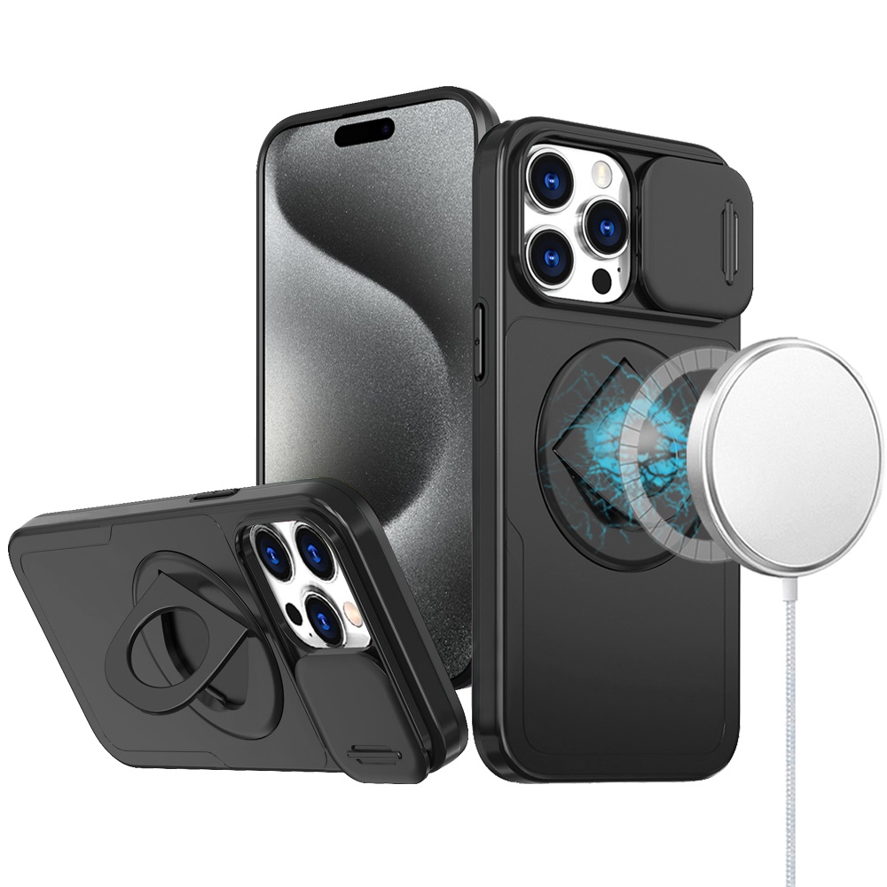 for ip15 pro max trendy full coverage with camera window [magnetic circle] with rotational ring stand hybrid case black