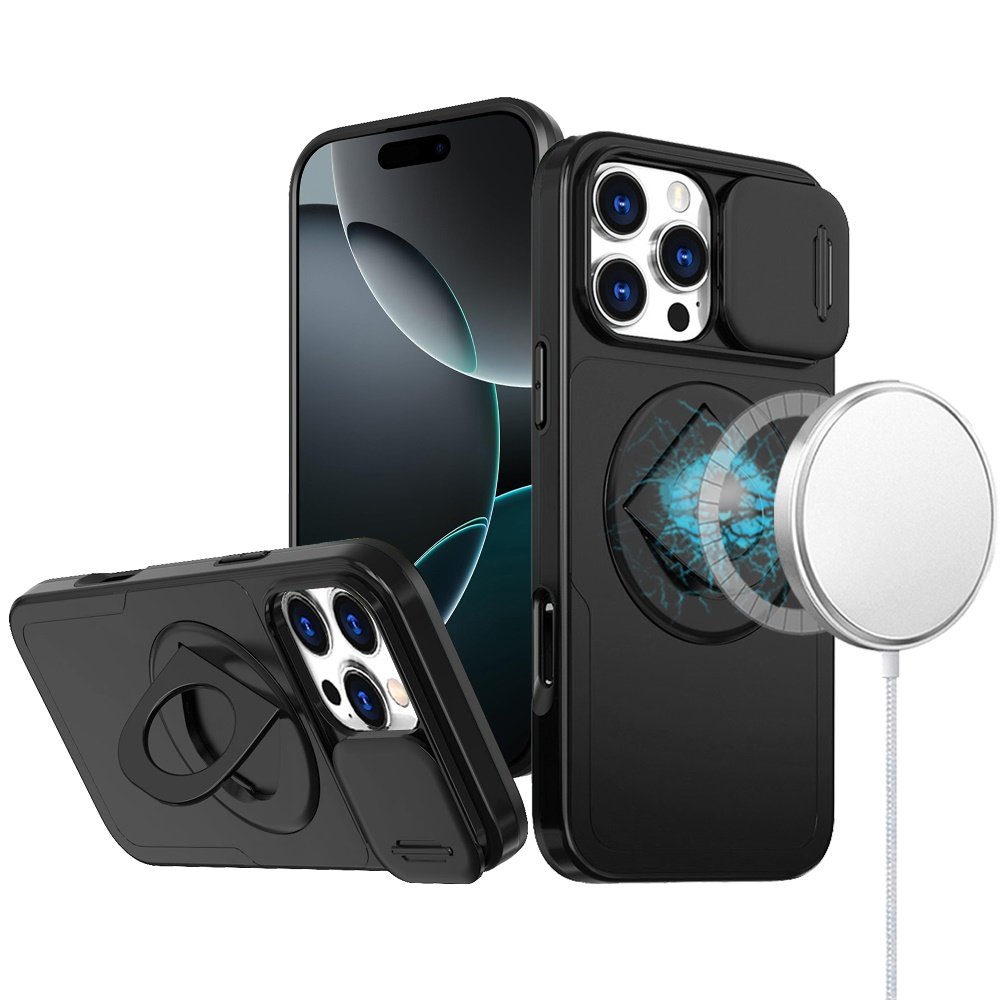 for iphone 16 pro max 6.9 inch trendy full coverage with camera window [magnetic circle] with rotational ring stand hybrid case black